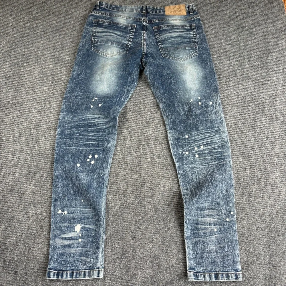 Jeanius Mens 36x32 Moto Biker Jeans Blue Acid Wash Paint Splatter Slim Denim